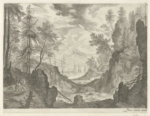 Boslandschap met waterval by Aegidius Sadeler, print, 1609