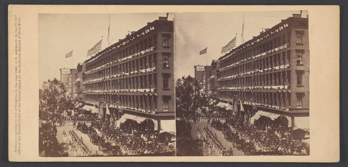 The Embassy Leave the Metropolitan for the City Hall, the Seventh Regiment Form a Hollow Square With the Carriages of the Embassy in the Middle by Edward Anthony, photograph, 1860