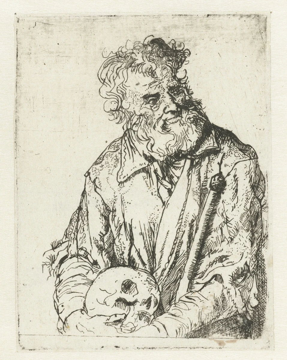Kluizenaar met doodskop by anonymous, print, 1625-1700