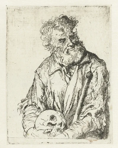 Kluizenaar met doodskop by anonymous, print, 1625-1700