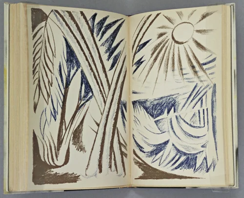 Double page plate (between pages 106 and 107) from Vertogradari Nad Lozami (Gardeners over the Vines) by Natalia Goncharova, illustrated book, 1913