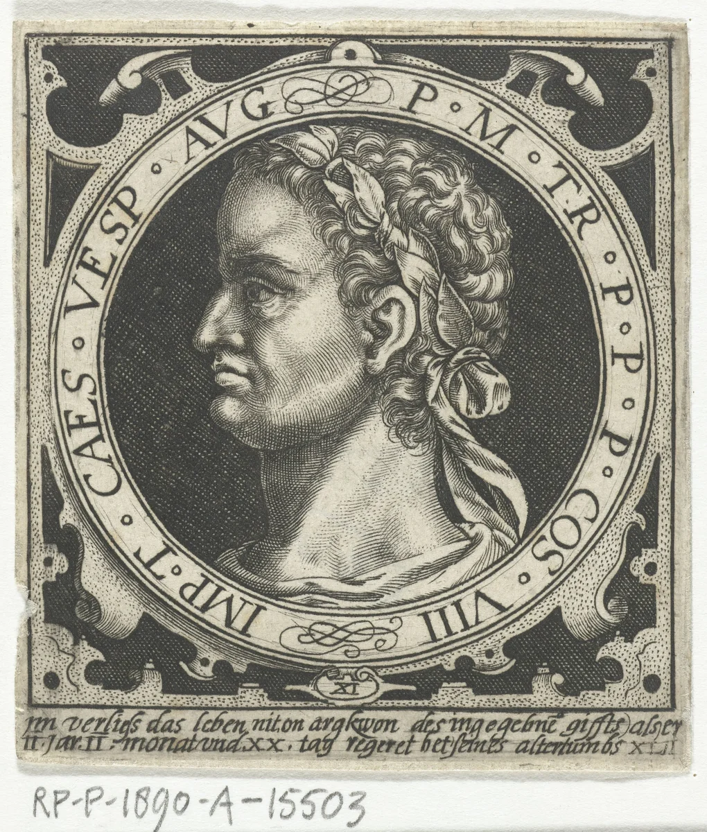 Portret van Vespasianus op medaillon by Nicolaes de Bruyn, print, 1594