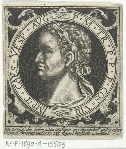 Portret van Vespasianus op medaillon by Nicolaes de Bruyn, print, 1594