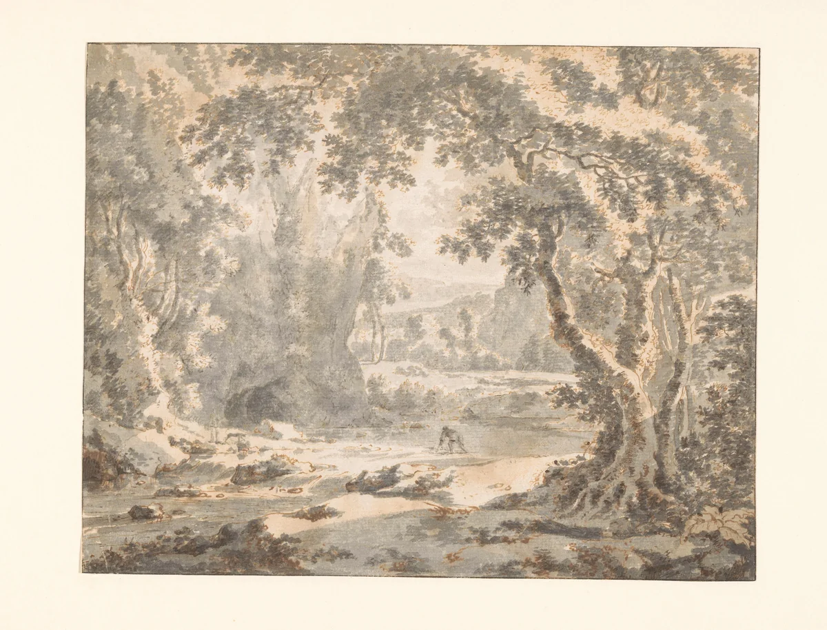 River Landscape with Rapids and Distant Mountains by Jan Hackaert, drawing, 1658-1670
