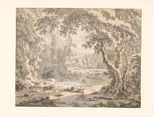 River Landscape with Rapids and Distant Mountains by Jan Hackaert, drawing, 1658-1670
