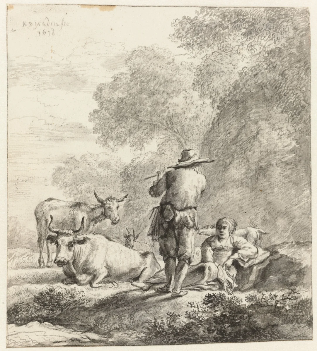 De fluitspelende herder by anonymous, drawing, 1630-1700
