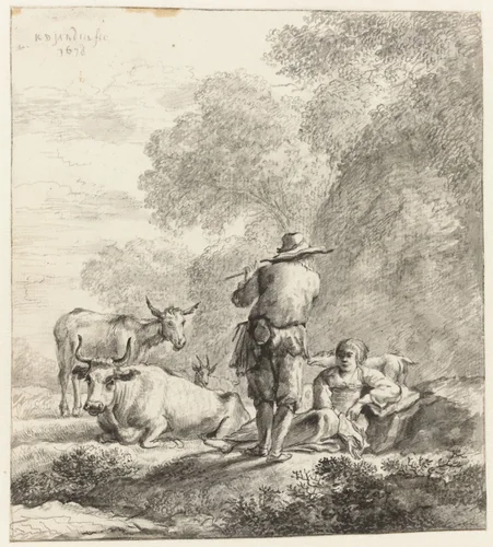 De fluitspelende herder by anonymous, drawing, 1630-1700