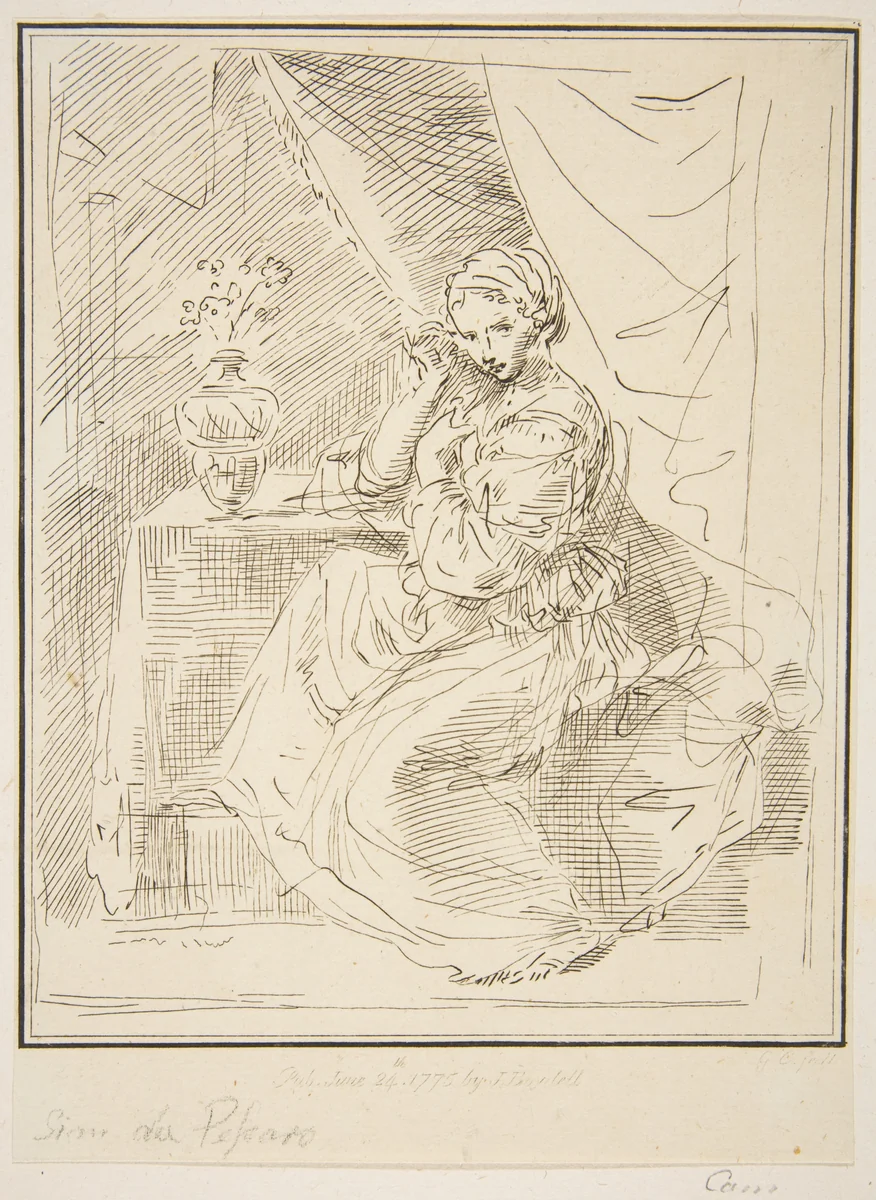 A female figure seated beside a flower vase by Simone Cantarini, print, 1775