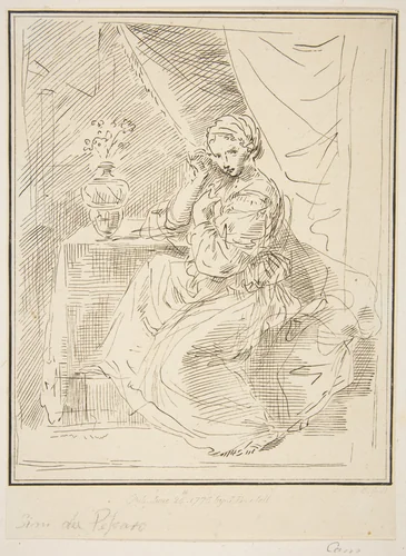 A female figure seated beside a flower vase by Simone Cantarini, print, 1775