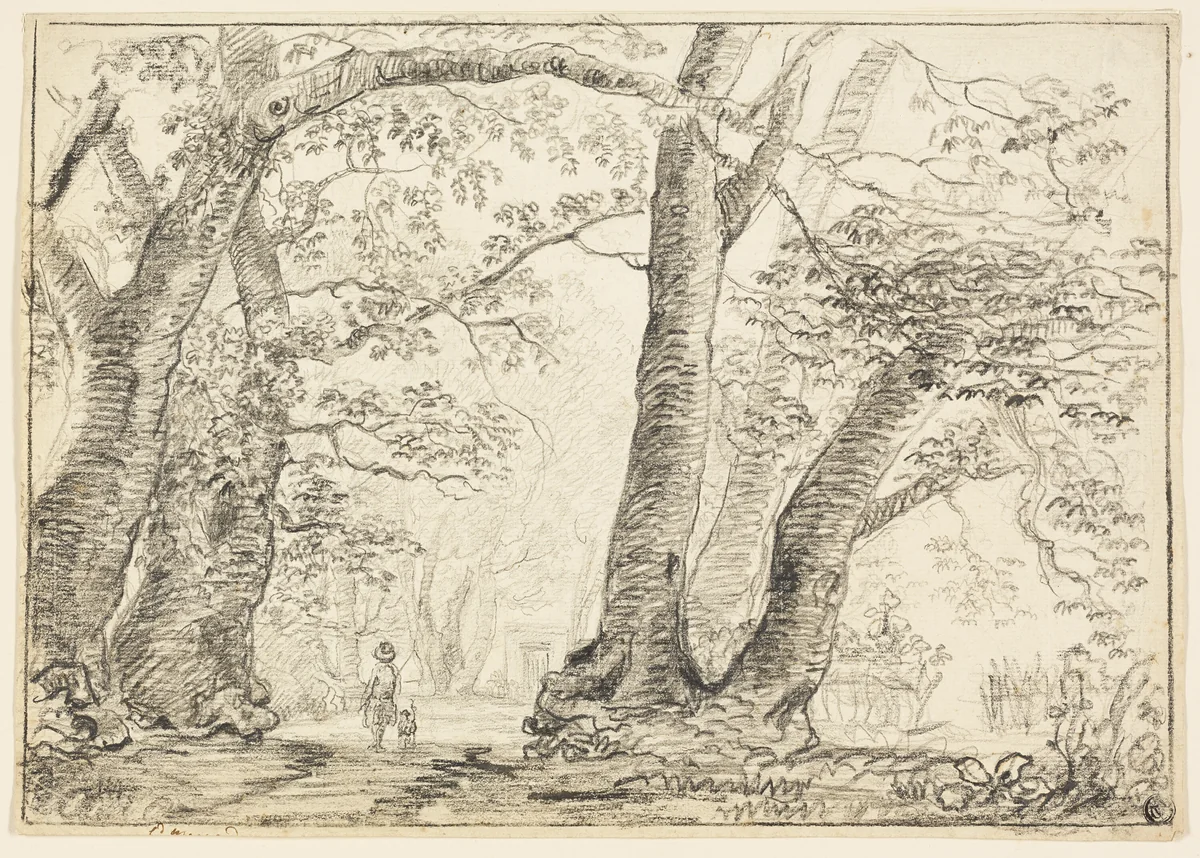 Man with Dog in Forest by Unknown Artist, drawing, 1700-1800