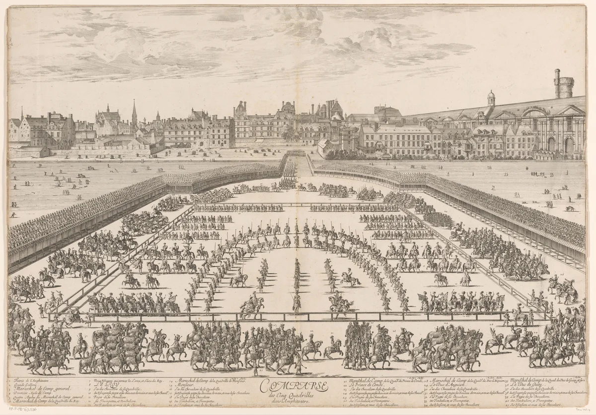 Militaire parade met Lodewijk XIV in amfitheater by Israël Silvestre, print, 1662