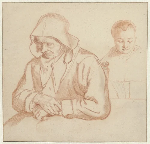 Old Woman Resting and the Head of a Young Woman by Nicolaes Maes, drawing, 1653-1657