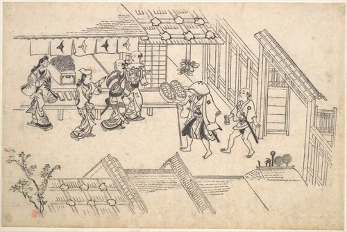 The Entrance to Ageya-machi, from the series Scenes in the Yoshiwara (Yoshiwara no tei) by Hishikawa Moronobu (菱川師宣), print, 1681-1684