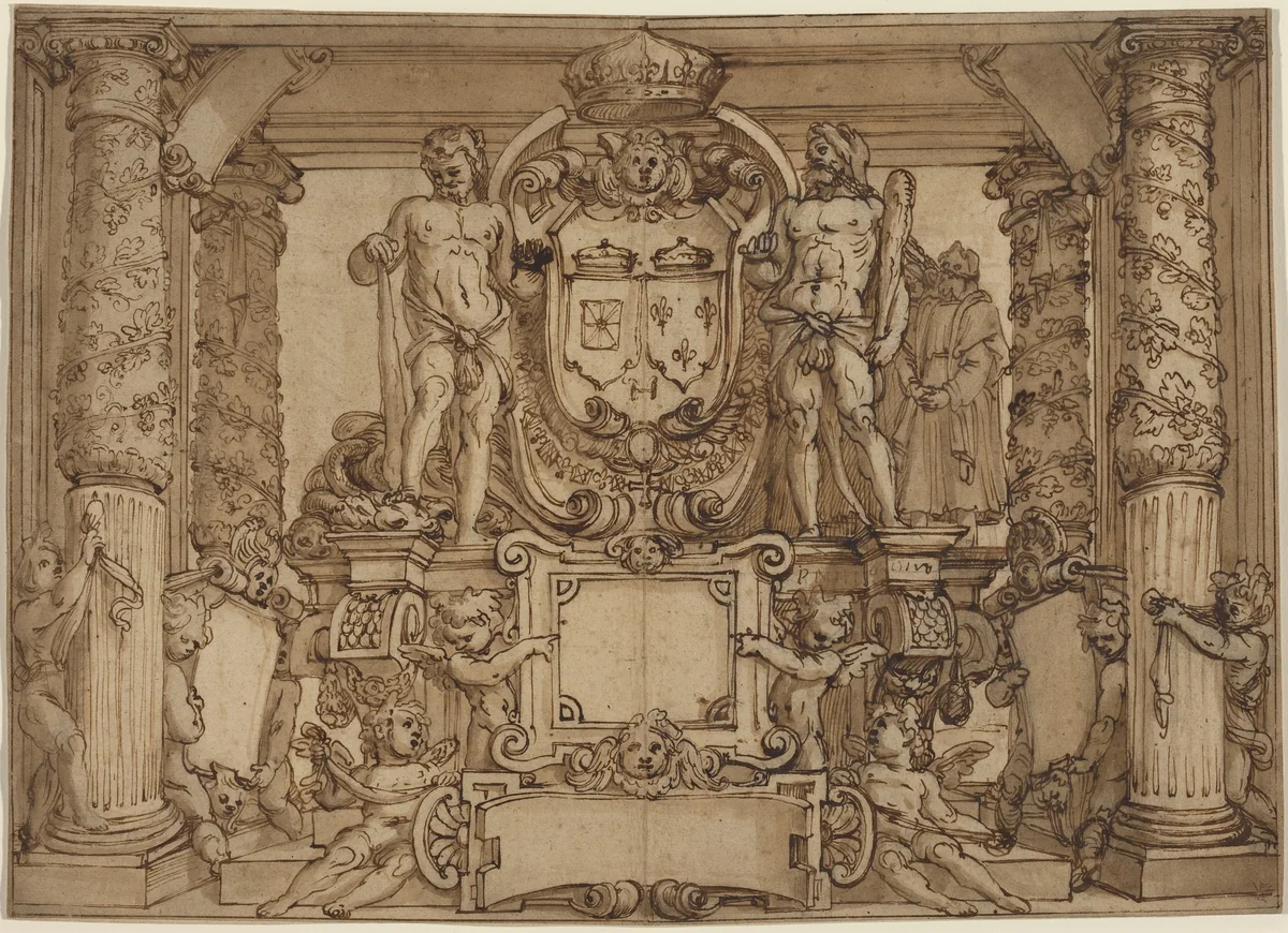 An Architectural Wall Design in Honor of Henry IV, the Gallic Hercules by Antonio Tempesta; Agostino Ciampelli, drawing, 1600