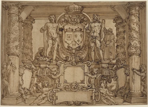 An Architectural Wall Design in Honor of Henry IV, the Gallic Hercules by Antonio Tempesta; Agostino Ciampelli, drawing, 1600