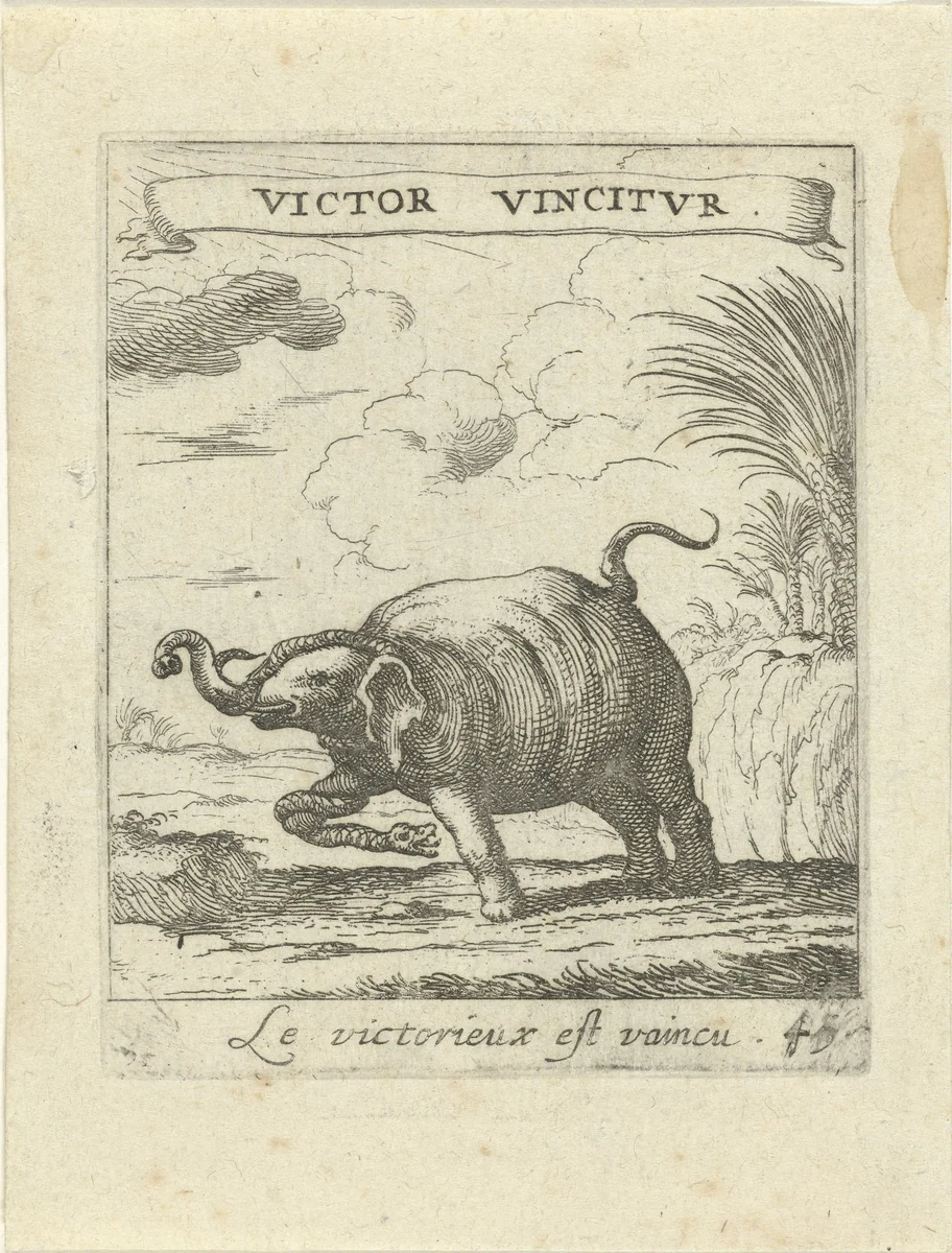 Olifant en slang by Albert Flamen, print, 1672