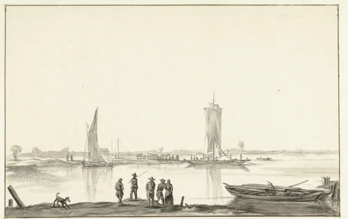 Rivierlandschap met vijf mensen en een hond by Hendrick Jacobsz. Dubbels, drawing, 1630-1676
