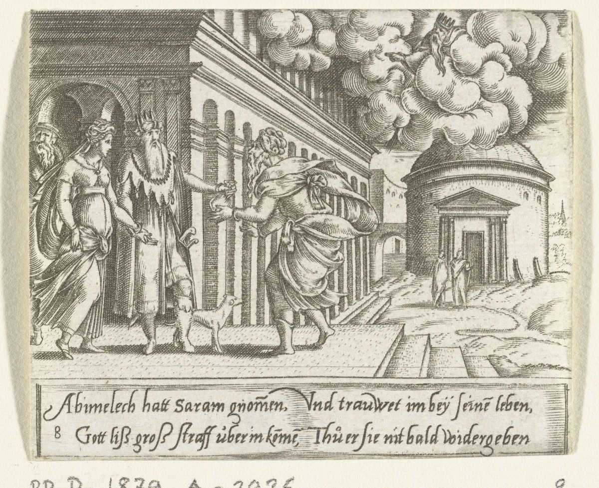 Abimelech overhandigt duizend zilverlingen aan Abraham by Cornelis Bos, print, 1555