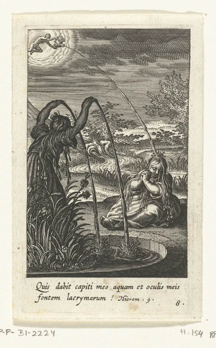 Huilend kind zit bij fontein by Boëtius Adamsz. Bolswert, print, 1590-1624