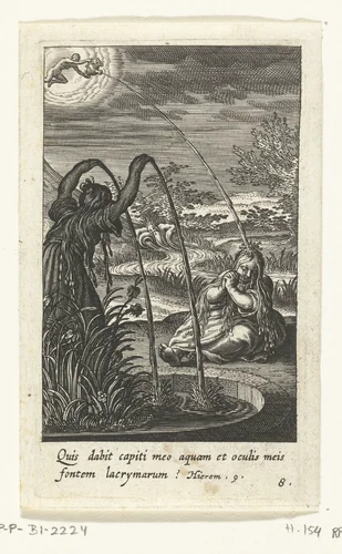 Huilend kind zit bij fontein by Boëtius Adamsz. Bolswert, print, 1590-1624