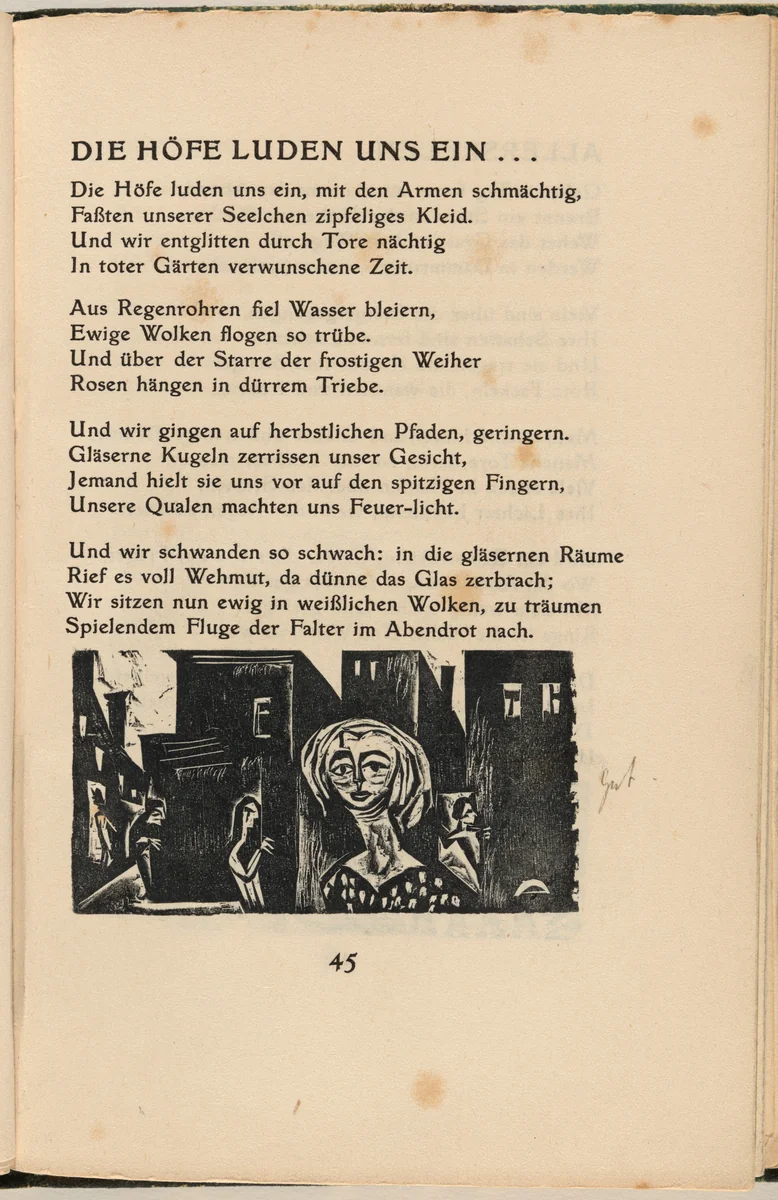 Die Höfe Luden Uns Ein... (The Yards Invited Us...) (in-text plate) from mock-up of Georg Heym: Umbra Vitae (Georg Heym: Shadow of Life) by Ernst Ludwig Kirchner, volume, 1912-1922