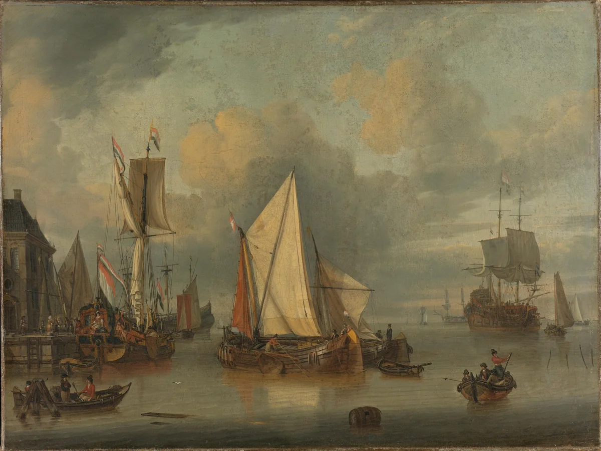 A Calm (Ships in the Harbor by Calm Weather) by Jan Claesz. Rietschoof, painting, 1675-1719