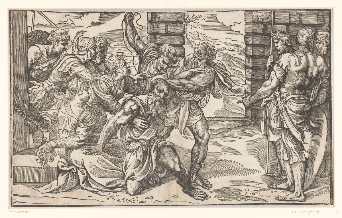 Simson vecht met Filistijnse soldaten by Titiaan, print, 1540-1545