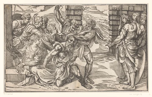 Simson vecht met Filistijnse soldaten by Titiaan, print, 1540-1545