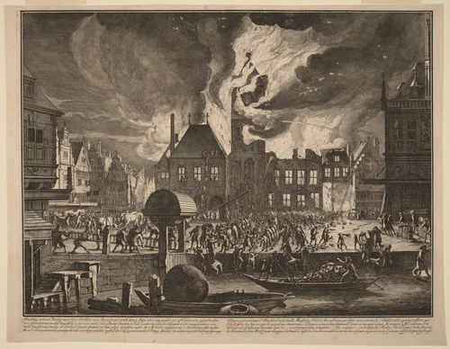 Burning of the Old Amsterdam Town Hall by Jan van der Heyden, print, 1637-1712