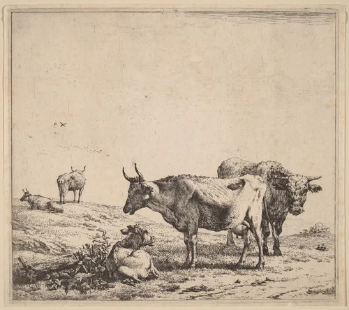 Cow, Bull and Calf by Karel Dujardin, print, 1622-1678