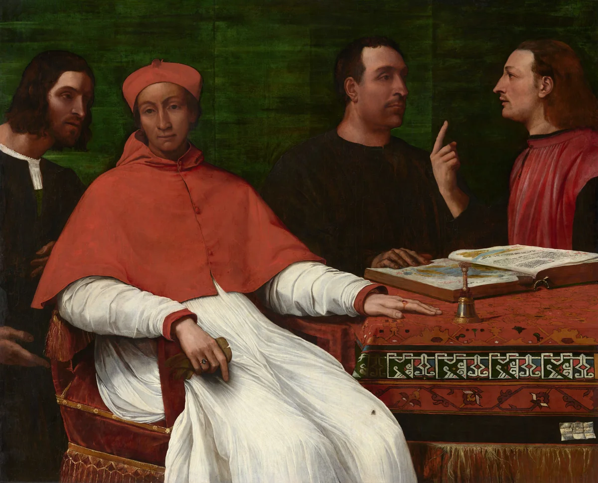 Cardinal Bandinello Sauli, His Secretary, and Two Geographers by Sebastiano del Piombo, painting, 1516