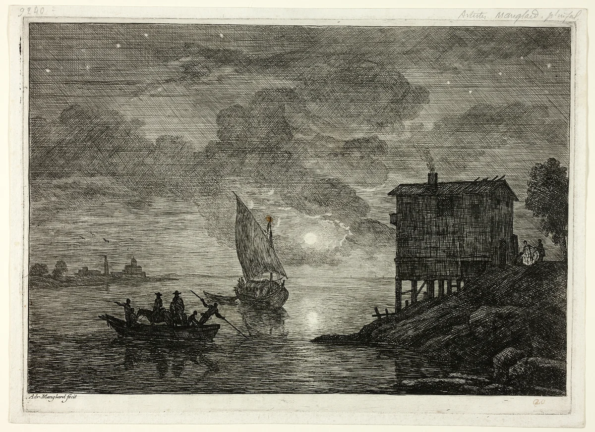 Moonlit Harbor Scene with Ferry by Adrien Manglard, print, 1753-1754
