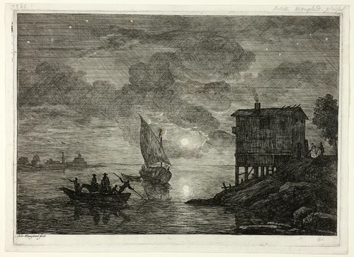 Moonlit Harbor Scene with Ferry by Adrien Manglard, print, 1753-1754