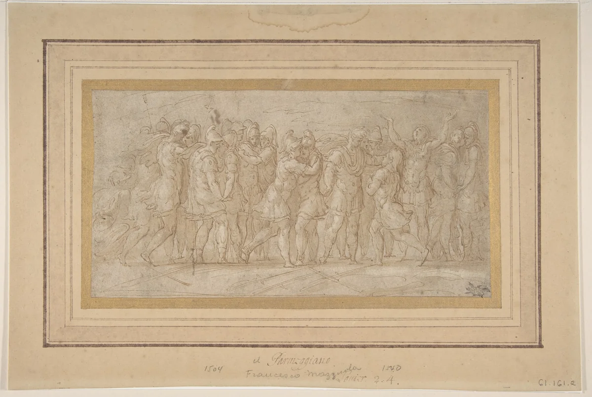 Roman or Greek Warriors Celebrating after a Victory. by Parmigianino, drawing, 1503-1540