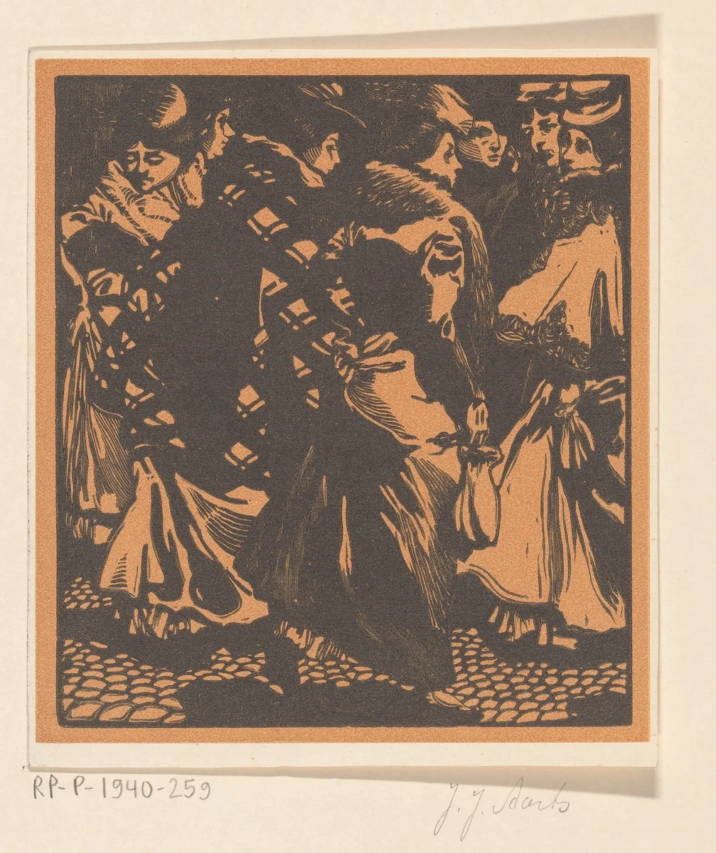 Zeven vrouwen op straat by Johannes Josephus Aarts, print, 1881-1934