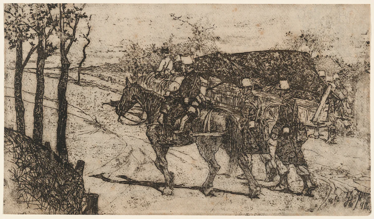 a) Artillery on Mission (recto); b) Artillery on Mission (verso) (Artiglieria da campagna) by Giovanni Fattori, print, 1888-1903