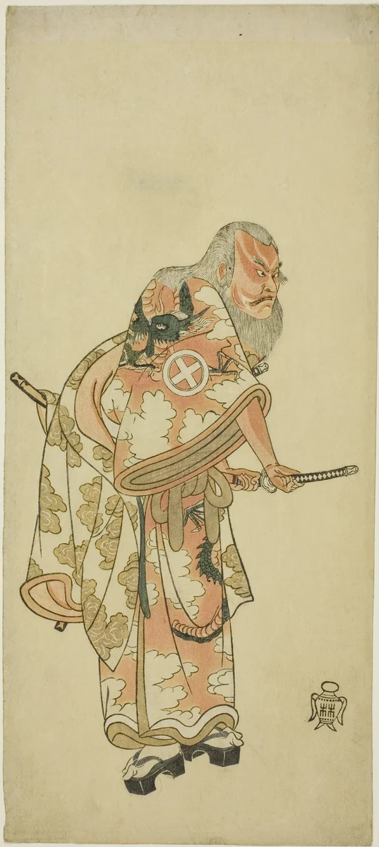 Actor Otani Hiroemon III as Hige no Ikyû in “The Soga Play: Announcement of the Spring Season by the Bush Warbler” (“Hitokidori harutsuge Soga”) by Katsukawa Shunshô (勝川春章), print, 1759-1769