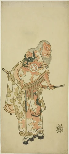 Actor Otani Hiroemon III as Hige no Ikyû in “The Soga Play: Announcement of the Spring Season by the Bush Warbler” (“Hitokidori harutsuge Soga”) by Katsukawa Shunshô (勝川春章), print, 1759-1769