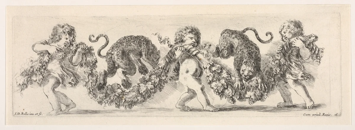 Design for a Frieze with Three Putti holding a Garland and Two Leopards jumping over it, plate 16 from "Decorative friezes and foliage" (Ornamenti di fregi e fogliami) by Stefano della Bella, print, 1645-1650