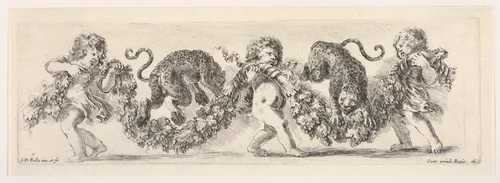 Design for a Frieze with Three Putti holding a Garland and Two Leopards jumping over it, plate 16 from "Decorative friezes and foliage" (Ornamenti di fregi e fogliami) by Stefano della Bella, print, 1645-1650