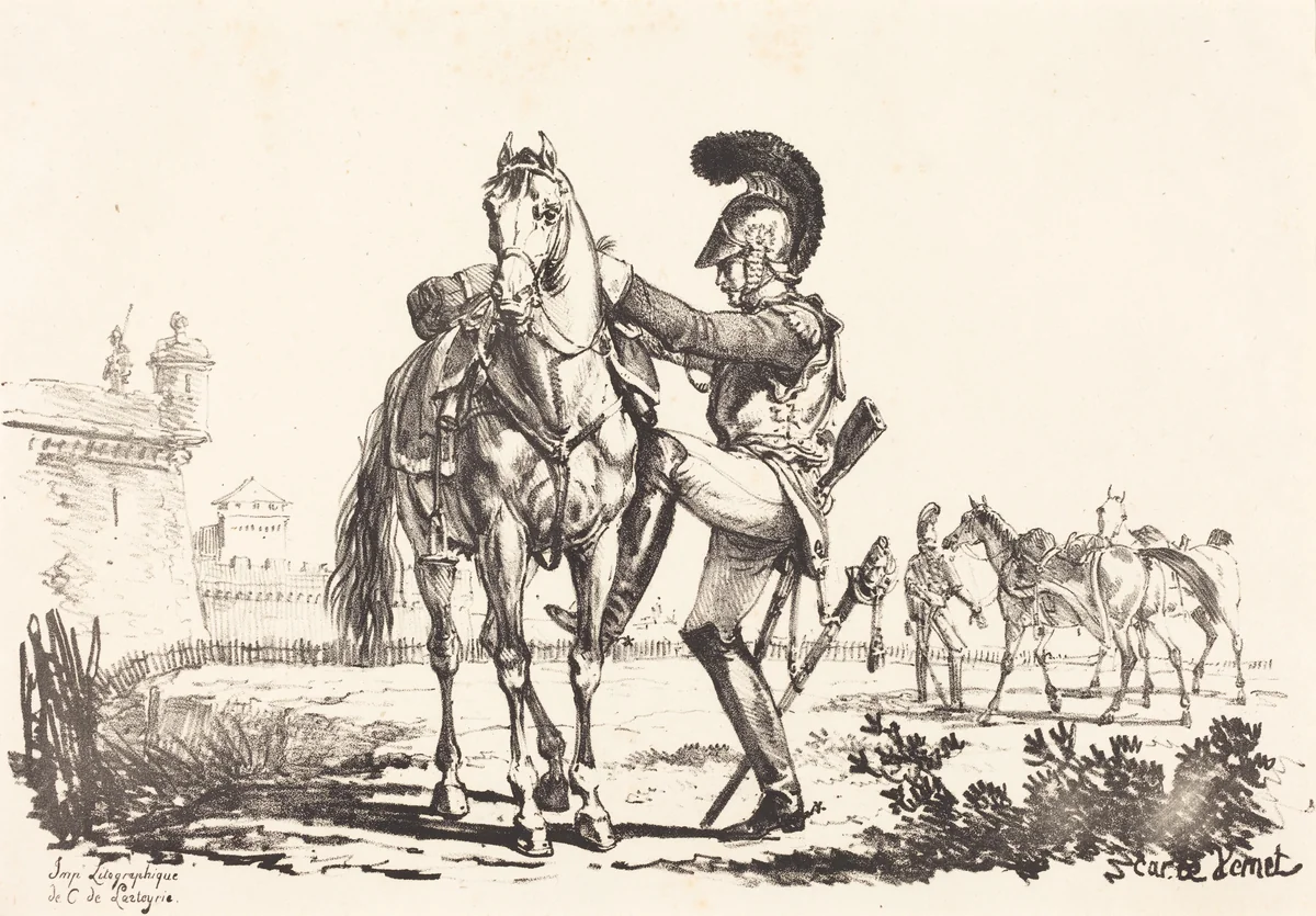 Carabinier Mounting a Horse by Carle Vernet, print, 1758-1836