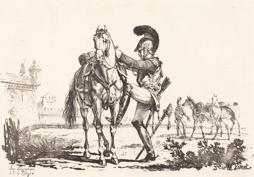Carabinier Mounting a Horse by Carle Vernet, print, 1758-1836