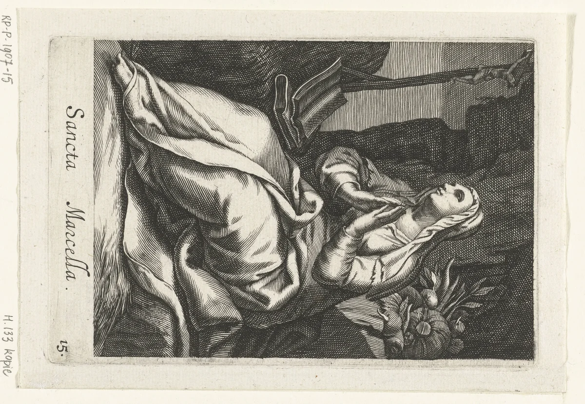 Heilige Marcella van Rome als kluizenares by anonymous, print, 1590-1662