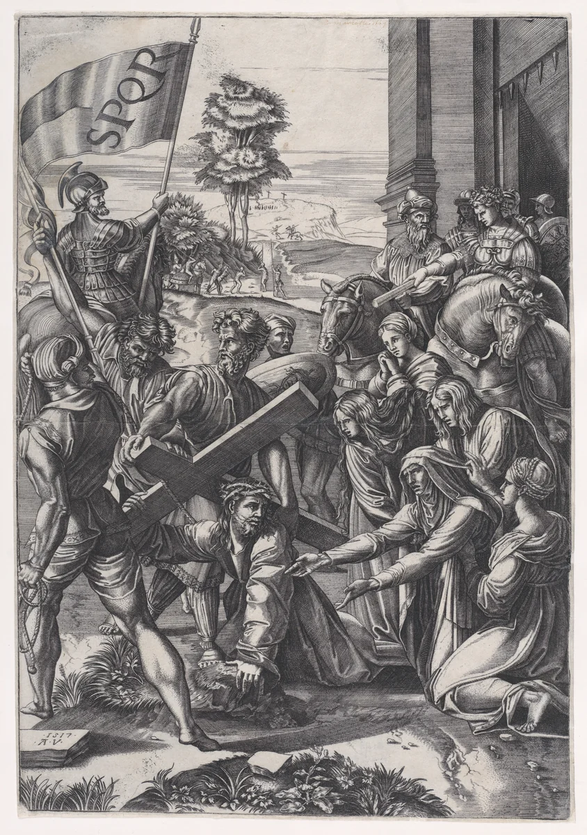 The Bearing of the Cross by Agostino Veneziano, print, 1517