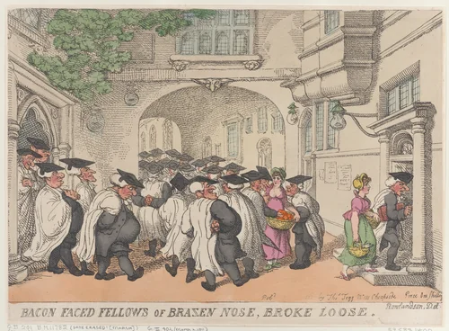 Bacon Faced Fellows of Brazen Nose, Broke Loose by Thomas Rowlandson, print, 1811