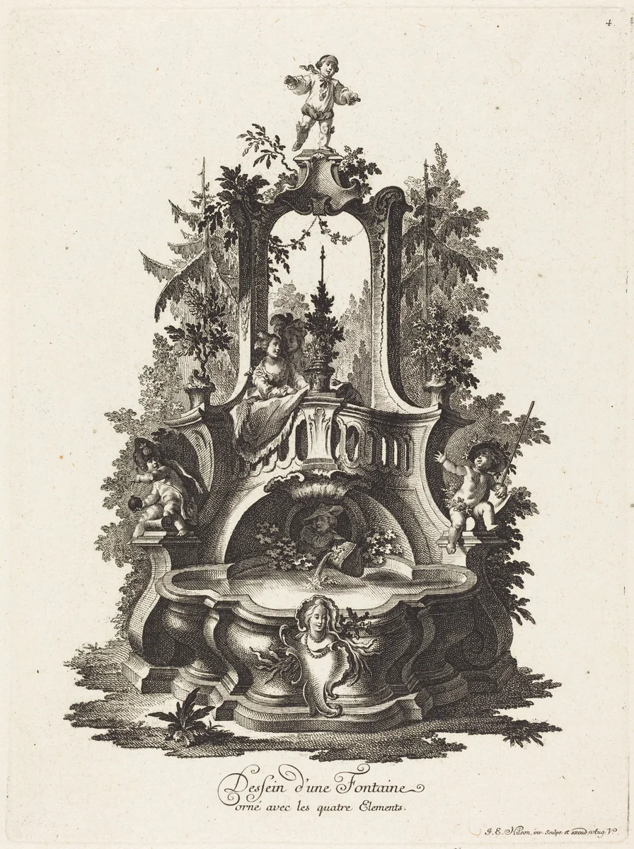 Dessein d'une Fontaine orné avec les quatre Elements (Design for a Fountain Decorated with the Four Elements) by Johann Esaias Nilson, print, 1755-1760