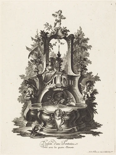 Dessein d'une Fontaine orné avec les quatre Elements (Design for a Fountain Decorated with the Four Elements) by Johann Esaias Nilson, print, 1755-1760