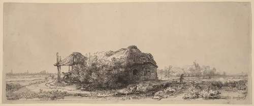 Landscape with a Cottage and Hay Barn: Oblong by Rembrandt van Rijn, print, 1641