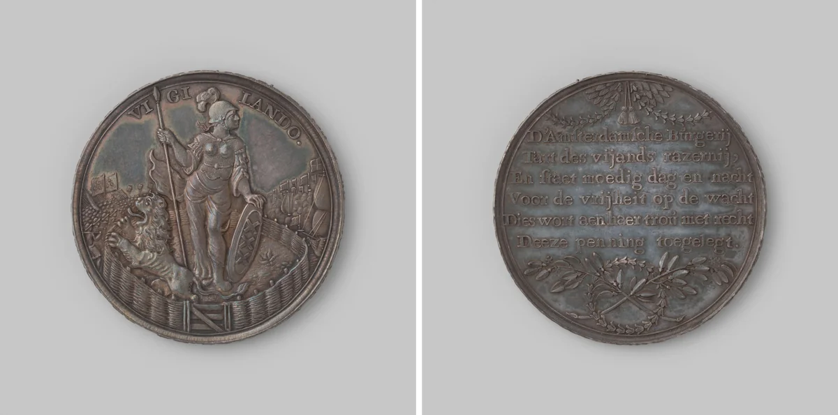 Gedenkpenning te Amsterdam, door de magistraat aan kapitein Jan Six en zijn schutters uitgereikt by anonymous, metalwork, 1672-1673