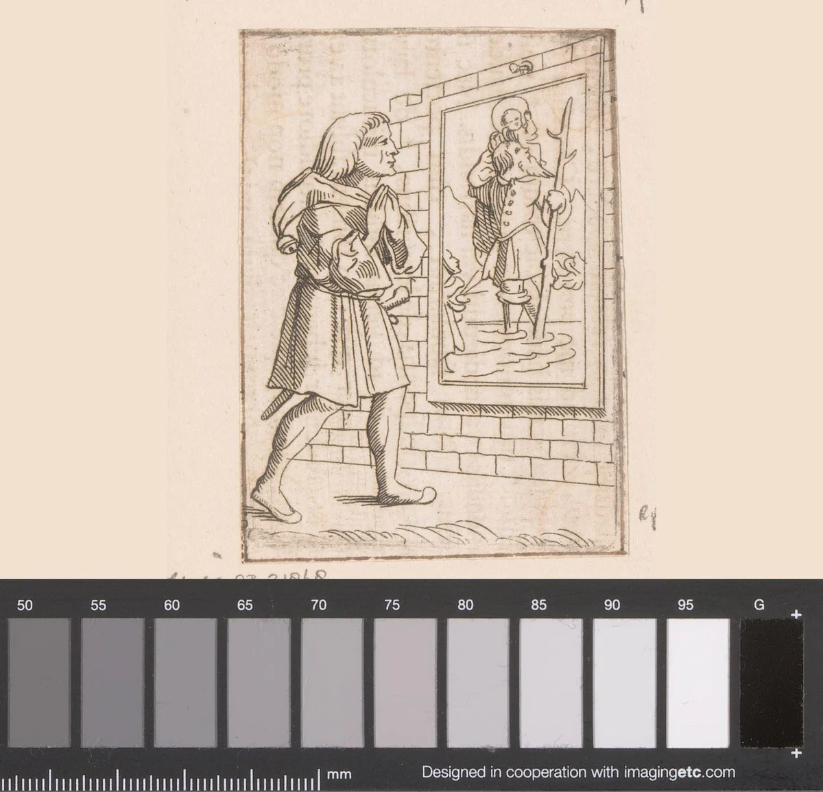 Nar biddend voor een afbeelding van de heilige Christoffel by Caspar Merian, print, 1516